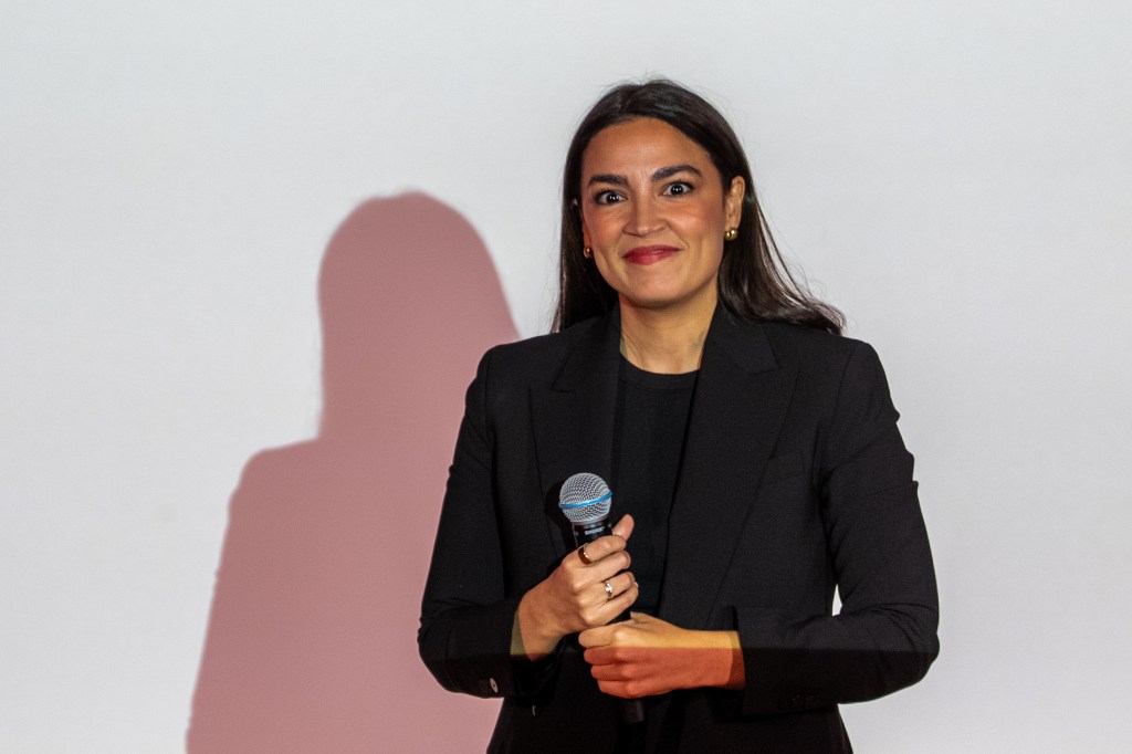 Rep. Alexandria Ocasio-Cortez (D-NN) departs from a city municipality that meets on May 2, 2025 in New York City.